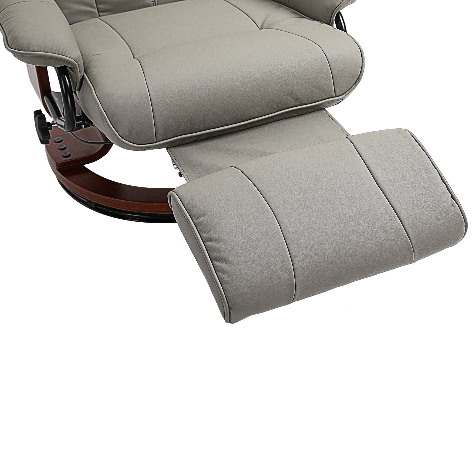 HOMCOM 360° Swivel Recliner Chair with Footstool, Manual Recliner Armchair with Wooden Base, Faux Leather Upholstered Reclining Chair for Living Room, Bedroom, Office, Grey